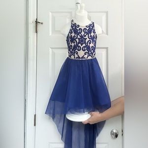 Rare Editions Royal Blue hi-low dress with rhinestones and embroidered top